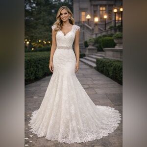 Allure Ivory Lace Wedding Dress Beaded Belt Fit Flare Trumpet Mermaid 12 14 16